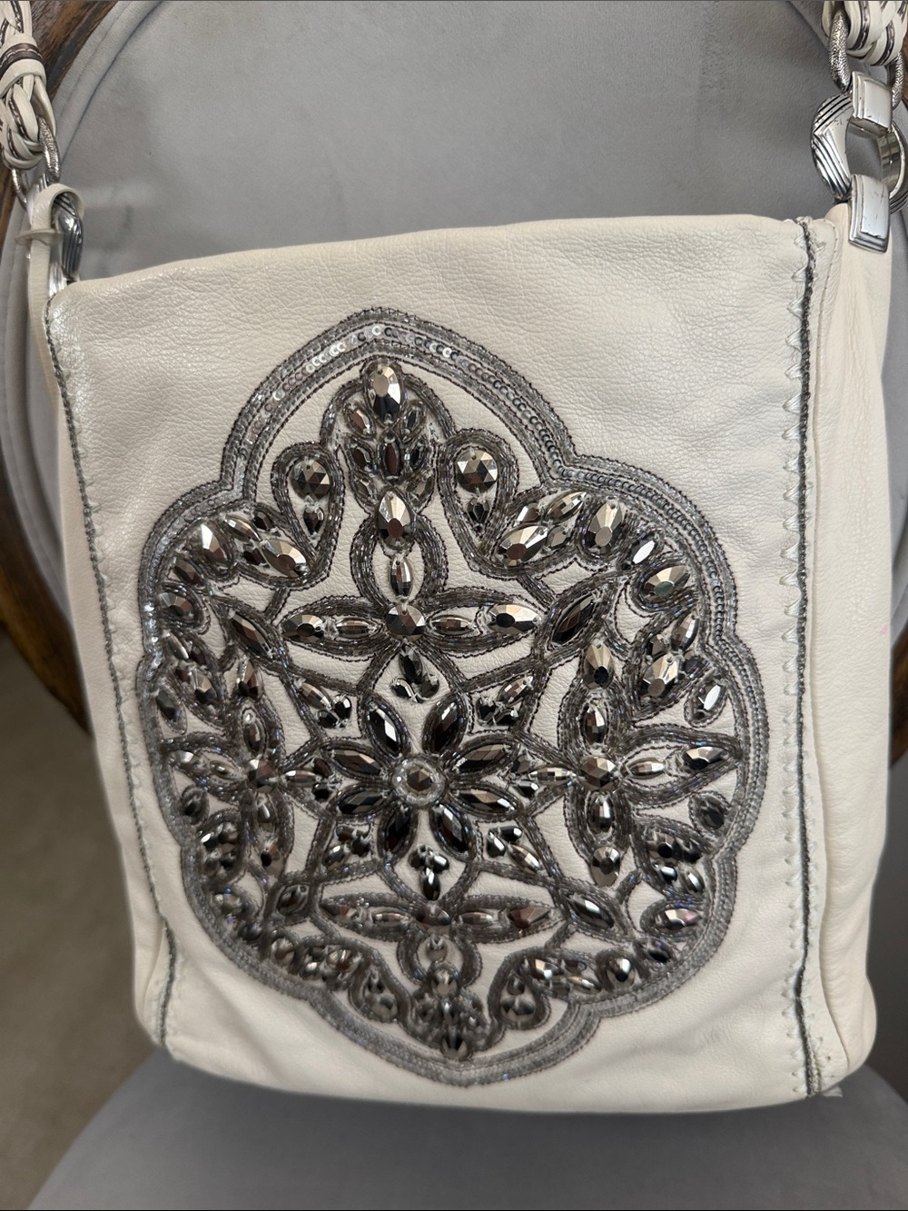 Brighton Cream Leather Shoulder Bag with Silver Jeweled Medallion
